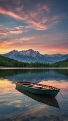 Fototapeta premium Tranquil lake reflecting lush green forest under a clear blue sky, with a wooden canoe resting on the shore