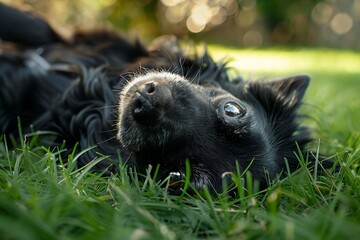 Close up of a black dog rolling on green grass, captured with a Canon EOS R5 camera and standard lens, with sharp focus on the subject's face and mouth while the background is blurred, showing the bac
