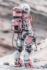 Naklejka premium The mechanical soldier, holding a weapon, surveys the futuristic world.