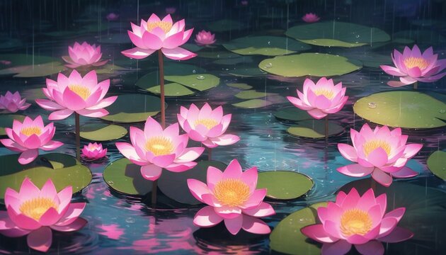  water lily in pond with Rain drops and beautiful pink waterlily or lotus flower in pond for text or decorative artwork. scenic view of natural beauty