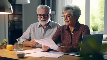 Senior couple sitting at a dining table, reviewing their retirement plans with financial documents spread out calculator and a laptop.