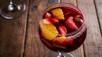 A glass filled to the brim with bright red sangria. Red wine is mixed with pieces of juicy fruits such as orange slices and strawberries, creating a beautiful gradient effect.