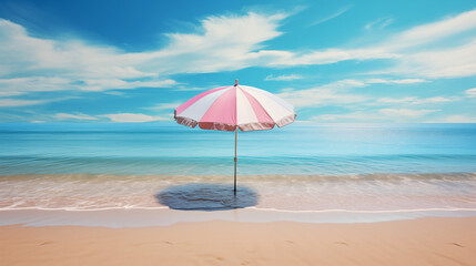 Serene beach with gentle waves with a colorful umbrella placed on the under warm natural lighting.