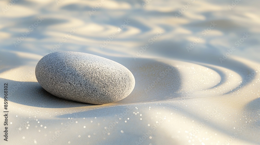 Poster A smooth grey stone rests on a bed of white sand, with gentle ripples radiating outwards