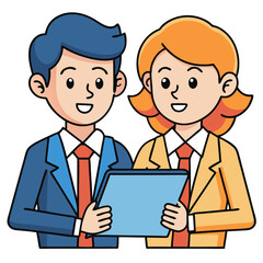 Illustration of two business professionals with a clipboard, dressed in suits, discussing work-related matters.