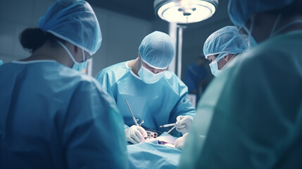 Team of surgeons performing a complex operation in a modern operating room.