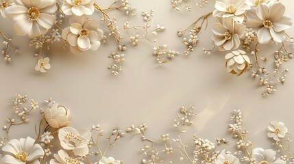 Fototapeta premium Elegant White Blossoms on Golden Vines. White flowers on the wall background and mural wallpaper. High quality AI generated image