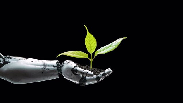A young seedling in a robotic hand with an alpha channel for background insertion you design. The concept of technology and nature in promoting growth and sustainability