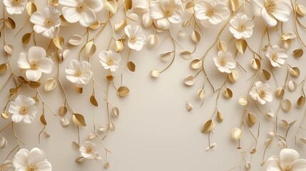 Elegant White Blossoms on Golden Vines. White flowers on the wall background and mural wallpaper. High quality AI generated image