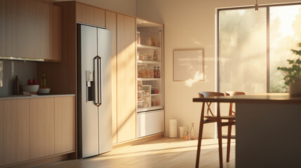 A stylish kitchen with a smart refrigerator displaying a digital menu early morning sunlight streaming in.