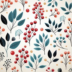 seamless berry and leaf pattern, simple shapes