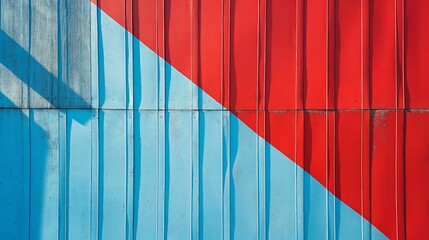 A close-up of a blue and red corrugated metal wall with a diagonal stripe pattern