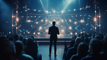 Dynamic product launch event with a charismatic speaker on stage and an engaged audience.