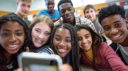 copy space, stockphoto, multiracial high school students taking a selfie in a classroom. Students with different ethnic background in school. Selfie portrait. Happy students together. Back to school t