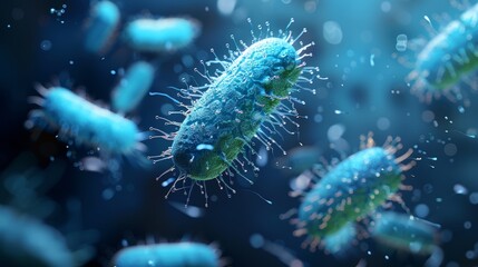 Fototapeta premium A microscopic view of rod-shaped bacteria floating in a blue liquid. The bacteria are rendered with intricate detail, highlighting their cellular structure and flagella.