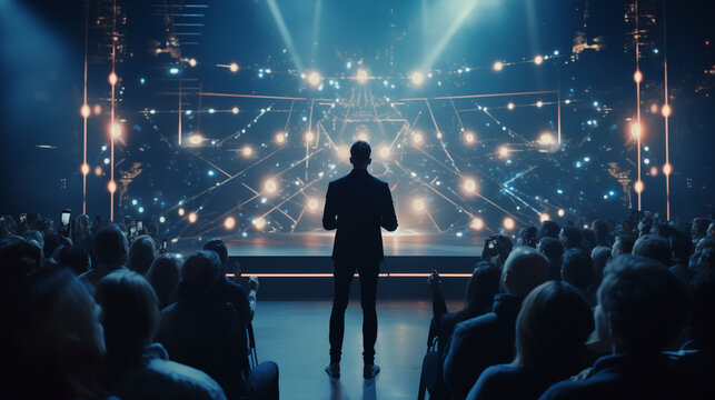 Dynamic product launch event with a charismatic speaker on stage and an engaged audience.