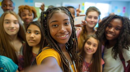 Fototapeta premium copy space, stockphoto, multiracial high school students taking a selfie in a classroom. Students with different ethnic background in school. Selfie portrait. Happy students together. Back to school t