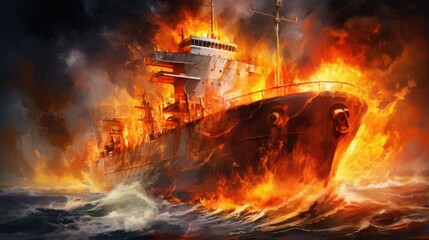 Cargo ship on fire, illustrating a disaster at sea.