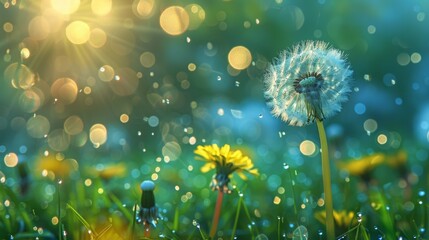 A dandelion seed in the wind, with a green grass background, blurry defocus effect, macro photography style, soft lighting.