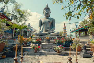 Obraz premium Majestic Buddha Statue in Serene Temple Garden with Lush Greenery and Peaceful Atmosphere Spiritual Sanctuary and Cultural Heritage Site Photography Inspiration