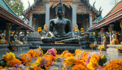 Obraz premium Stunning Ancient Buddhist Temple with Majestic Statue and Colorful Floral Arrangements Capturing the Spiritual Essence and Rich Cultural Heritage in a Serene and Peaceful Setting