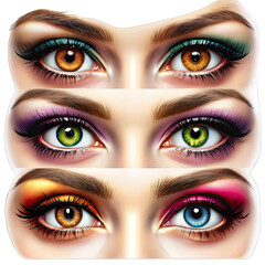 Fototapeta premium Four pairs of female eyes with different colored eyeshadow and eyeliner, isolated on a white background. Generative AI