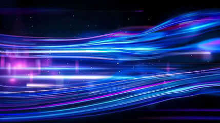 Abstract digital light streaks in vibrant blue and purple tones with dynamic motion on a dark background, perfect for futuristic themes.
