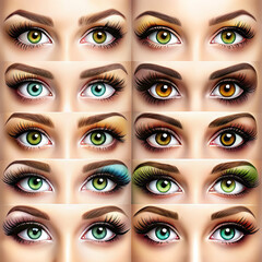 Ten pairs of female eyes on white background with different eye colors (green, blue, and brown) and makeup styles (eyeshadow, eyeliner, eyelashes). Generative AI