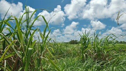 Obraz premium Sugarcane Field Under a Blue Sky