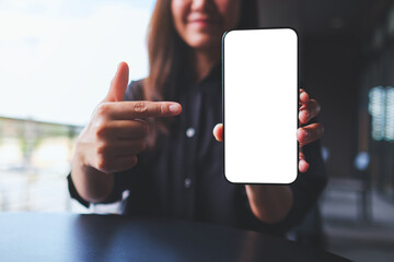 Mockup image of a woman holding, showing and pointing finger at a mobile phone with blank white...