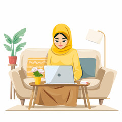  muslim woman working on laptop sitting in sofa wearing hijab 