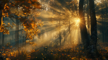 Fototapeta premium Autumn forest scenery with warm light illumining the gold foliage. 
