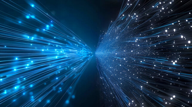 Abstract image of blue light streaks merging on dark background, representing technology, data transfer, and digital communication.