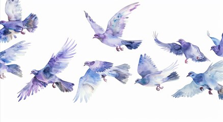 A watercolor painting of pigeons flying in the air.