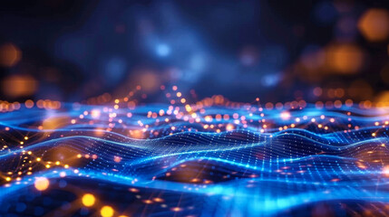 Abstract representation of digital data network with glowing lights and connecting lines, depicting futuristic technology and communication.