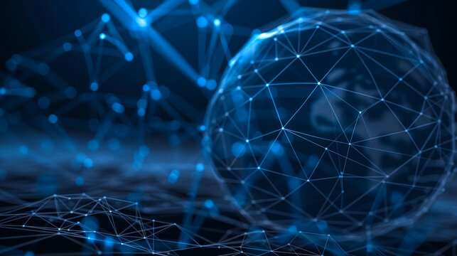 A digital network globe representing global connections, technology, and data exchange in a futuristic blue environment.