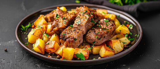 Fototapeta premium Roasted Pork with Potatoes and Herbs.