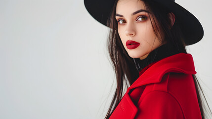 Fashion studio photo of stylish european brunette woman in red coat and black hat posing on white background  Trendy winter accsesorises Full lenght : Generative AI