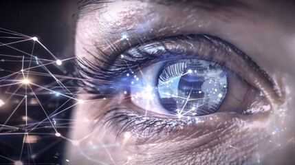 Naklejka premium Close-up of a human eye with digital network and futuristic elements, symbolizing technology, innovation, and connectivity.