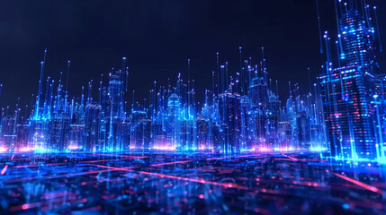 Obraz premium Futuristic digital cityscape with glowing blue and red lights, cyber environment representing advanced technology and artificial intelligence.