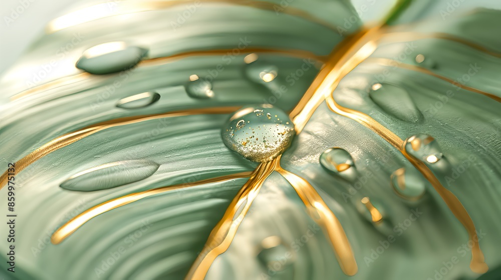 Wall mural A macro shot of water droplets resting on a green leaf with gold veins