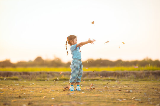 baby girl with happy time on freedom in emotional in outdoor by play throw leaves on grass floor in blue dress