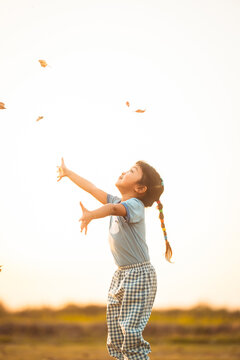 baby girl with happy time on freedom in emotional in outdoor by play throw leaves on grass floor in blue dress