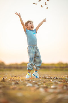 baby girl with happy time on freedom in emotional in outdoor by play throw leaves on grass floor in blue dress