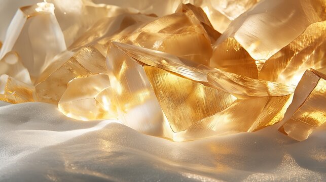 A close-up of a golden citrine crystal cluster resting on a white fabric