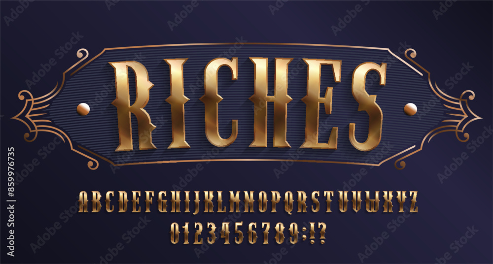 Fototapete riches alphabet font. 3d golden letters and numbers. stock vector typeface for your design.