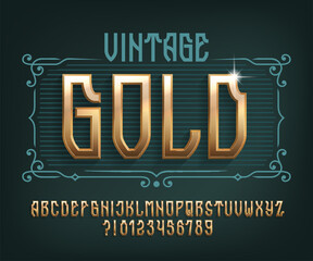 Vintage Gold alphabet font. 3d old letters and numbers. Stock vector typeface for your design.