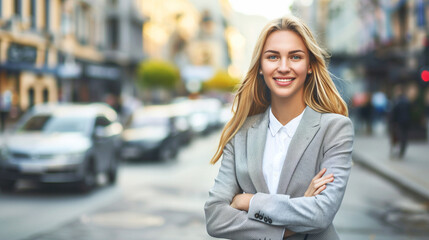 Fototapeta premium Smiling businesswoman in a city street, wearing a gray suit