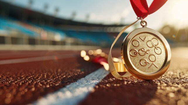 close-up of an athlete gold medal with the Olympic track and field - Powered by Adobe