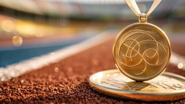 close-up of an athlete gold medal with the Olympic track and field